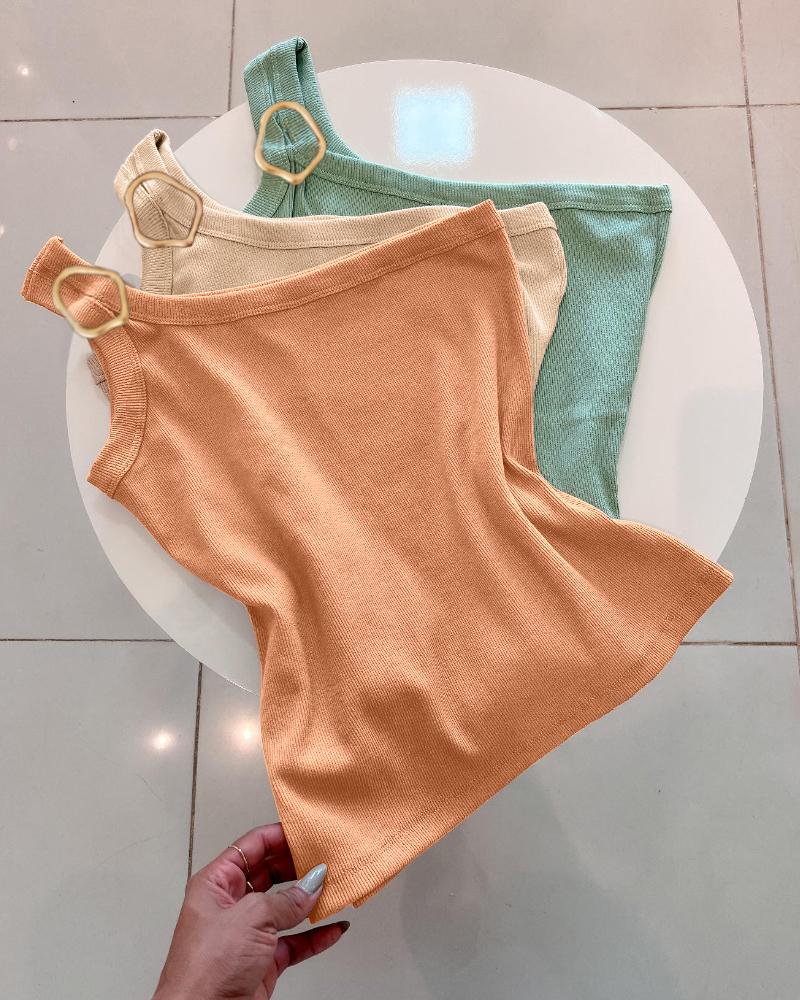 One Shoulder Goldren Decor Casual Slim Fit Ribbed Top