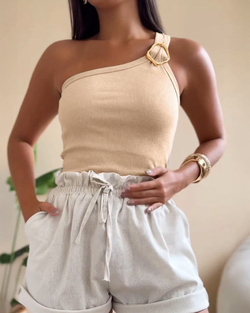 One Shoulder Goldren Decor Casual Slim Fit Ribbed Top