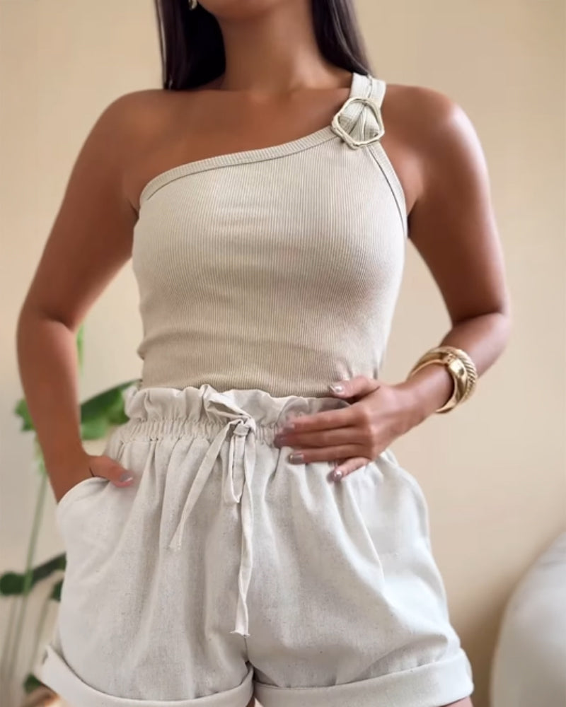 One Shoulder Goldren Decor Casual Slim Fit Ribbed Top