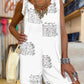 Letter Print V Neck Tied Detail Romper Casual Loose Fit Short Jumpsuit