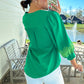 Green Contrast Floral Embroidered 3/4 Sleeve Notched V Neck Elegant Blouse