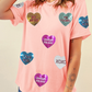 Pink Sequin Valentines Lettering Heart Patched Crewneck T Shirt