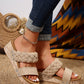 Light French Beige Woven Suede Band Wedge Slippers