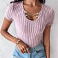 Asymmetrical Neck Chain Decor Ribbed T Shirt