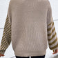 Smoke Gray Striped Plaid Patchwork Waffle Knit Turtleneck Sweater