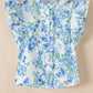 Sky Blue Floral Print Ruffle Sleeve Frilly Button Up Shirt