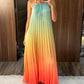 Ombre Print Halter Sleeveless Maxi Dress Casual Hollow out Pleated Vacation Dress