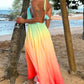 Ombre Print Halter Sleeveless Maxi Dress Casual Hollow out Pleated Vacation Dress