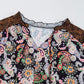 Black Plus Size Paisley Floral Print V Neck Bubble Sleeve Blouse