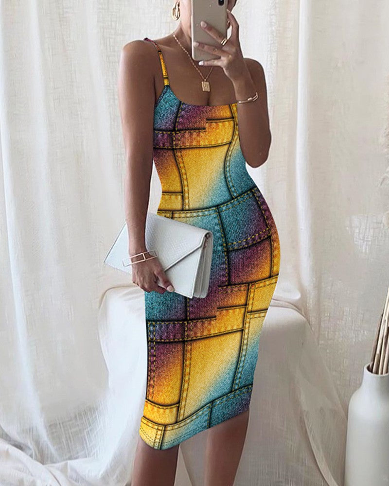 Floral Print Chain Decor Bodycon Dress