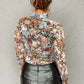 Brown Floral Long Sleeve High Neck Sheath Mesh Blouse