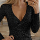 Allover Sequin Deep V Neck Ruched Bodycon Elasticity Mini Dress Party Dress