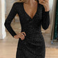 Allover Sequin Deep V Neck Ruched Bodycon Elasticity Mini Dress Party Dress