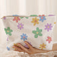 White Flower Print Rib Textured Large Cosmetic Bag
