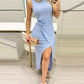 Round Neck Sleeveless Twist Design Midi Dress Casual Slit Slim Fit Ribbed Dress