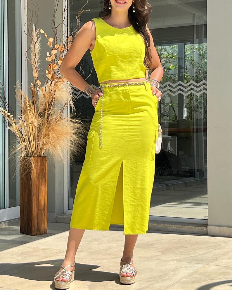 Round Neck Sleeveless Top Slit Skirt Set