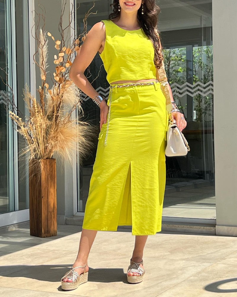 Round Neck Sleeveless Top Slit Skirt Set