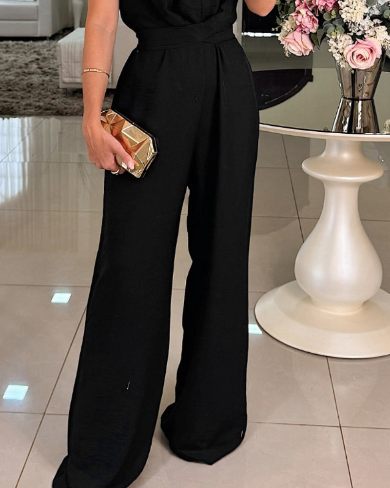 Halter Sleeveless Lace up Jumpsuit Casual Waist Ruched Loose Fit Romper