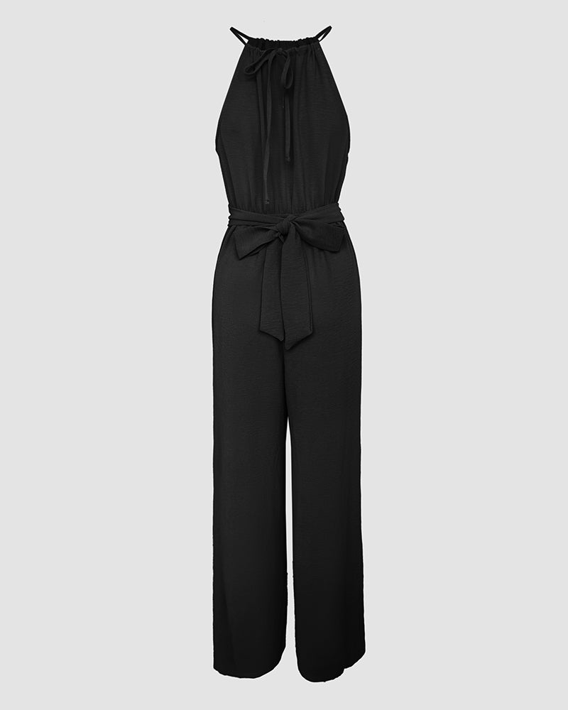 Halter Sleeveless Lace up Jumpsuit Casual Waist Ruched Loose Fit Romper