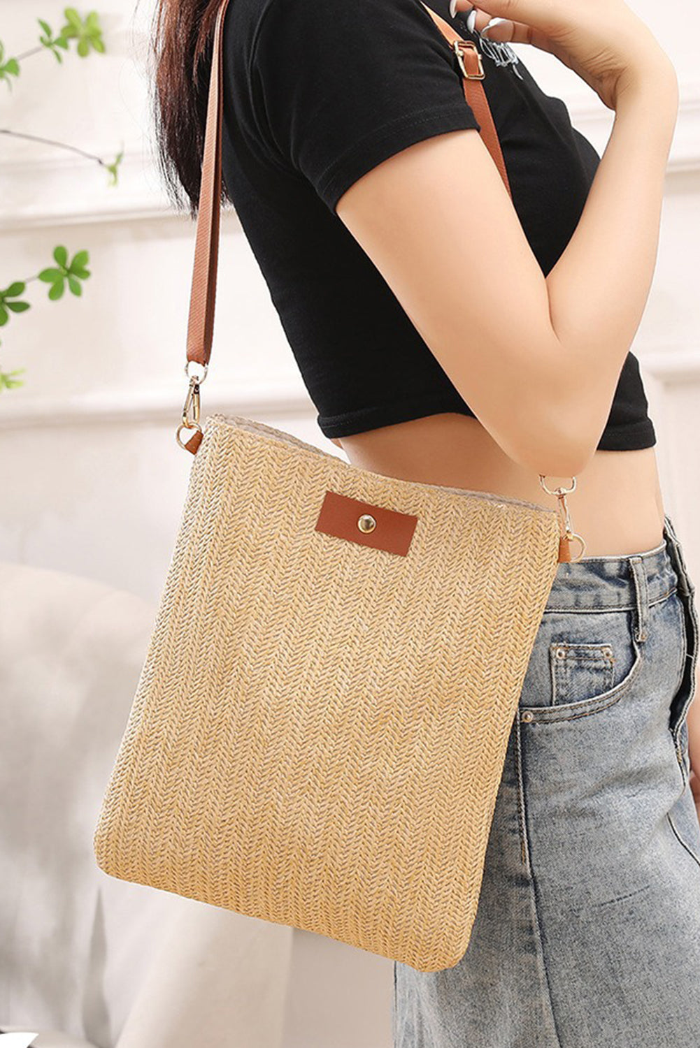 Oatmeal Straw Woven Single Button Crossbody Bag