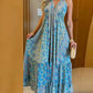 Vintage Tribal Print Halter Neck Deep V Back A Line Flared Dress with Ruffled Hem