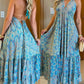 Vintage Tribal Print Halter Neck Deep V Back A Line Flared Dress with Ruffled Hem