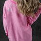 Pink Striped Scallop V Neck Loose Sweater with Slits