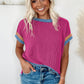 Bright Pink Textured Contrast Trim Round Neck T Shirt