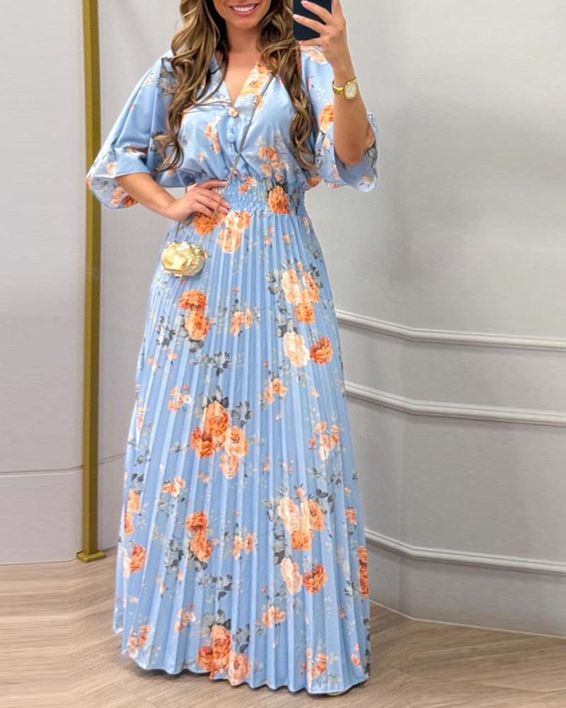 Floral print V Neck Bell Sleeve Waist Pleated Maxi Dress Casual Shirred Flowy A Line Dress