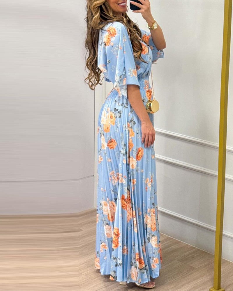 Floral print V Neck Bell Sleeve Waist Pleated Maxi Dress Casual Shirred Flowy A Line Dress