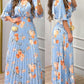 Floral print V Neck Bell Sleeve Waist Pleated Maxi Dress Casual Shirred Flowy A Line Dress