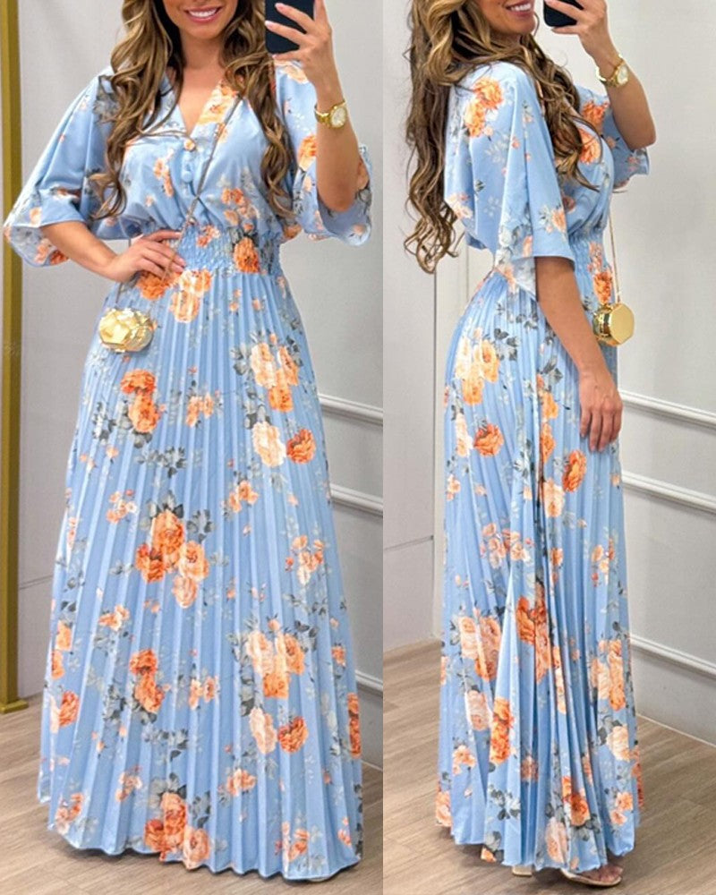 Floral print V Neck Bell Sleeve Waist Pleated Maxi Dress Casual Shirred Flowy A Line Dress