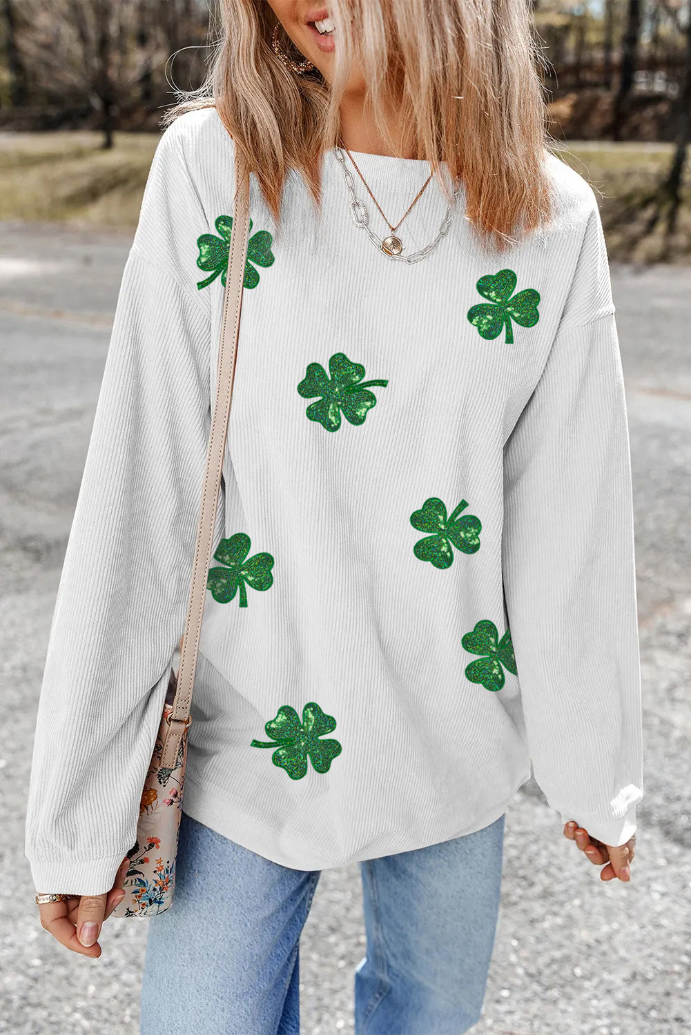 White Sequin Clover Patched Drop Shoulder Corded Sweatshirt