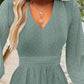 V Neck Hollow out Ruched Knit A Line Dress Lantern Sleeve Casual Dress