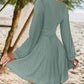 V Neck Hollow out Ruched Knit A Line Dress Lantern Sleeve Casual Dress