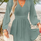 V Neck Hollow out Ruched Knit A Line Dress Lantern Sleeve Casual Dress