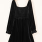 Black Velvet Flounce Sleeve Shirred Bodice Plus Babydoll Dress