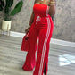 Stripe Print Bandeau Sleeveless Drawstring Slit Wide Leg Jumpsuit Casual Overalls