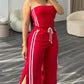 Stripe Print Bandeau Sleeveless Drawstring Slit Wide Leg Jumpsuit Casual Overalls