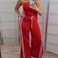 Stripe Print Bandeau Sleeveless Drawstring Slit Wide Leg Jumpsuit Casual Overalls