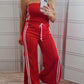 Stripe Print Bandeau Sleeveless Drawstring Slit Wide Leg Jumpsuit Casual Overalls
