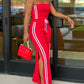 Stripe Print Bandeau Sleeveless Drawstring Slit Wide Leg Jumpsuit Casual Overalls