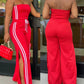 Stripe Print Bandeau Sleeveless Drawstring Slit Wide Leg Jumpsuit Casual Overalls