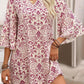 Pink Paisley Print Tiered 3/4 Sleeve Notched Neck Mini Dress