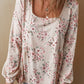 Pink Floral Print Pleated U Neck Loose Fit Blouse