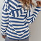 Blue Stripe V Neck Pocketed Drawstring Hooded Sweater