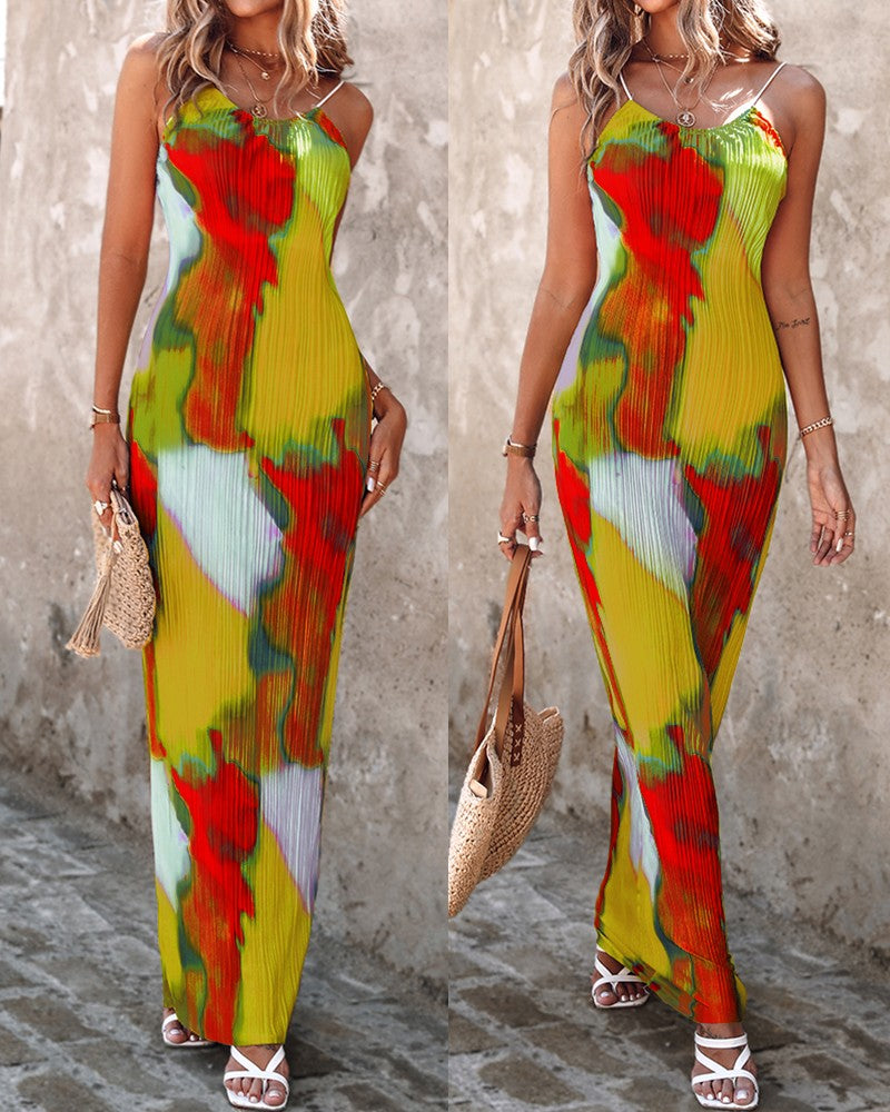 Colorblock Tie Dye Print Pleated Cami Maxi Dress
