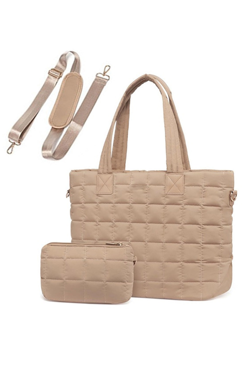 Camel Quiled Patchwork Large Tote Bag and Clutch 2pcs Set