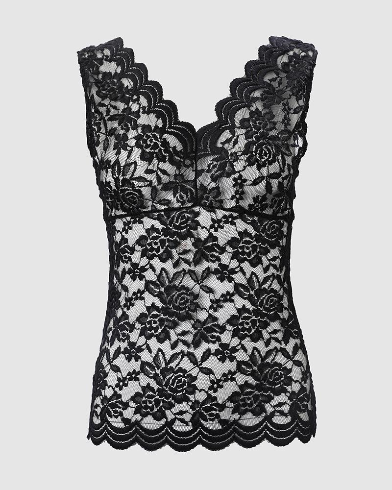 V Neck Embroidery Lace Tank Top