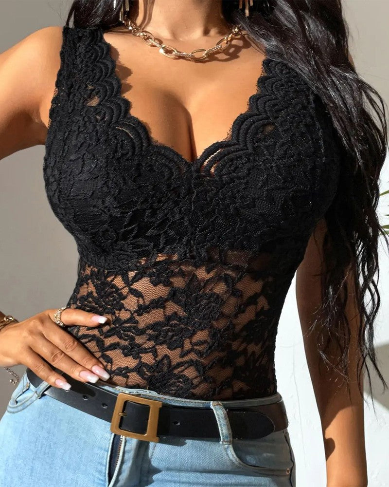 V Neck Embroidery Lace Tank Top